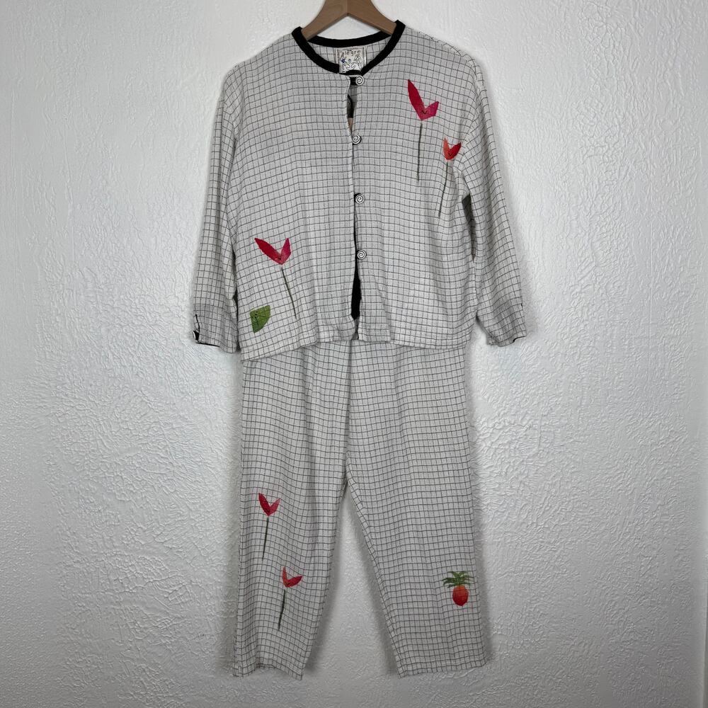 Vintage Play Alegre Hand Painted Cotton Linen Blend 2 Pc. Top Pant Set Size Med
